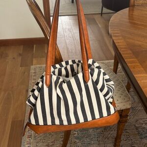 Kate and Alex Striped Canvas Tote with Leather Trim - Black & White